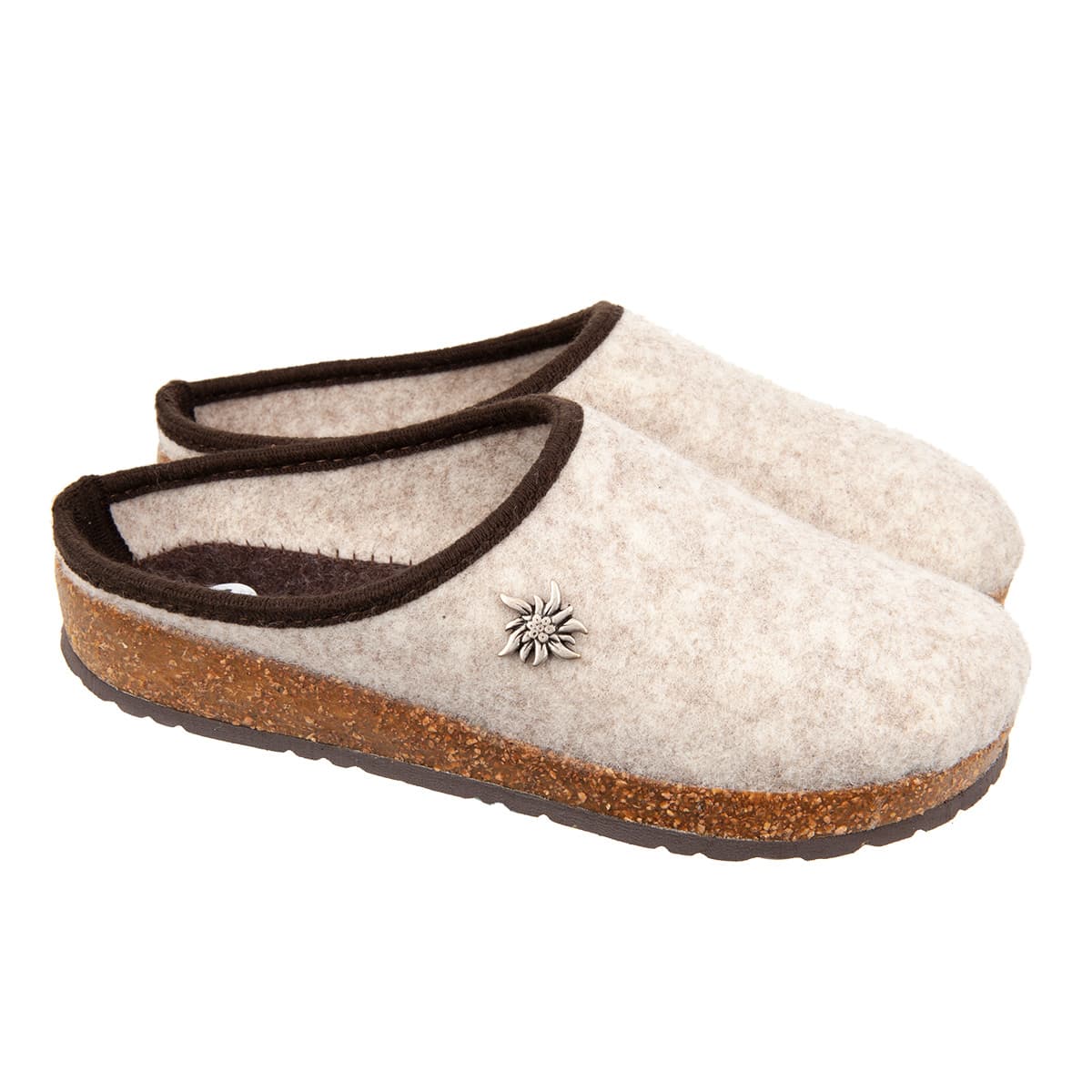 CHAUSSONS FEMME EN PURE LAINE AVEC SEMELLE EN LI�GE CAOUTCHOUC ET APPLICATION DE FLEURS