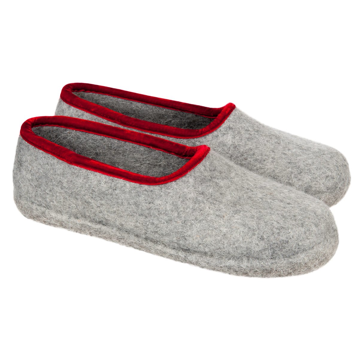 HAUNOLD | Chaussons en feutre de laine pour femmes en gris avec bordure rouge