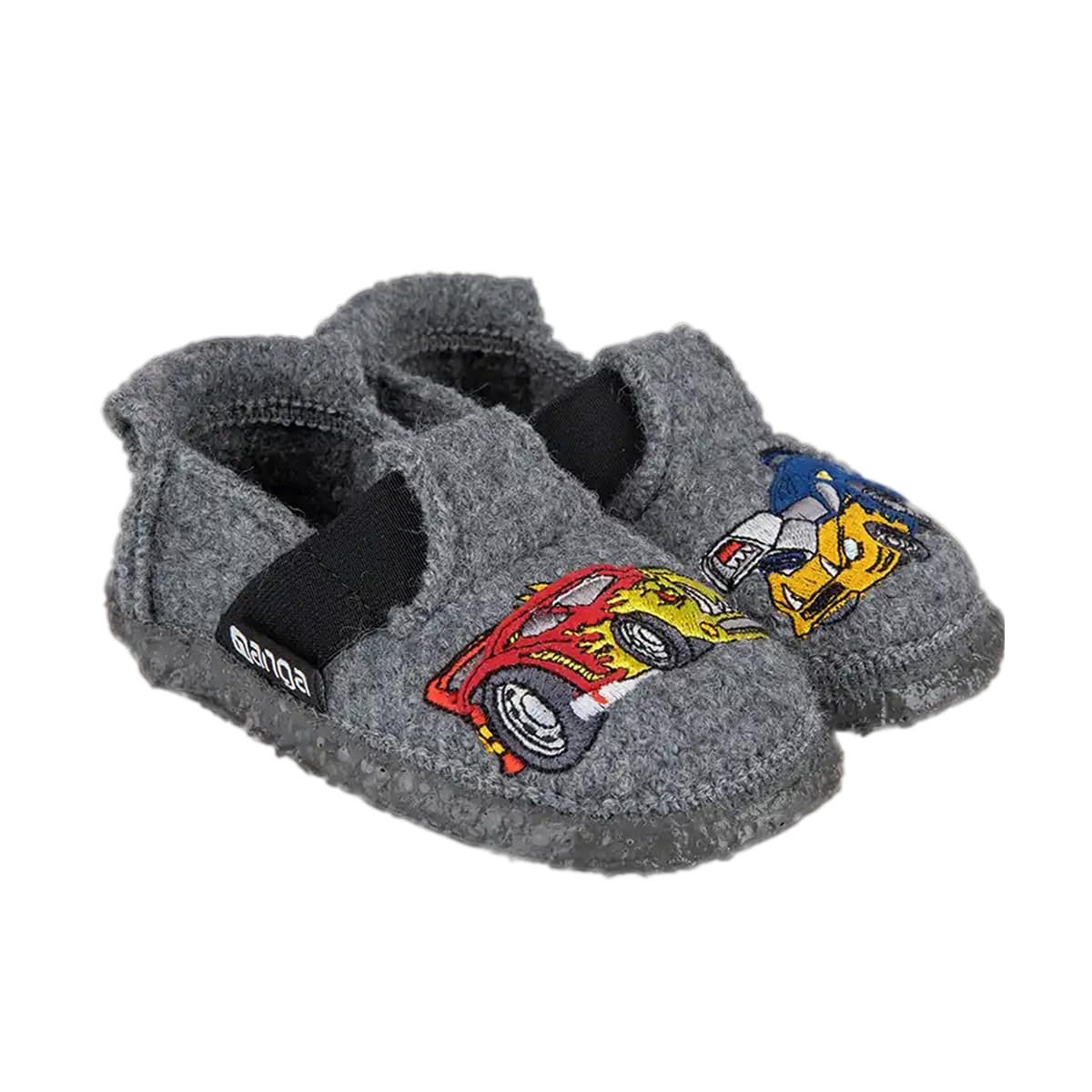 NANGA | Chaussons gar�ons avec semelle antid�rapante et motif Fire Racer en laine vierge