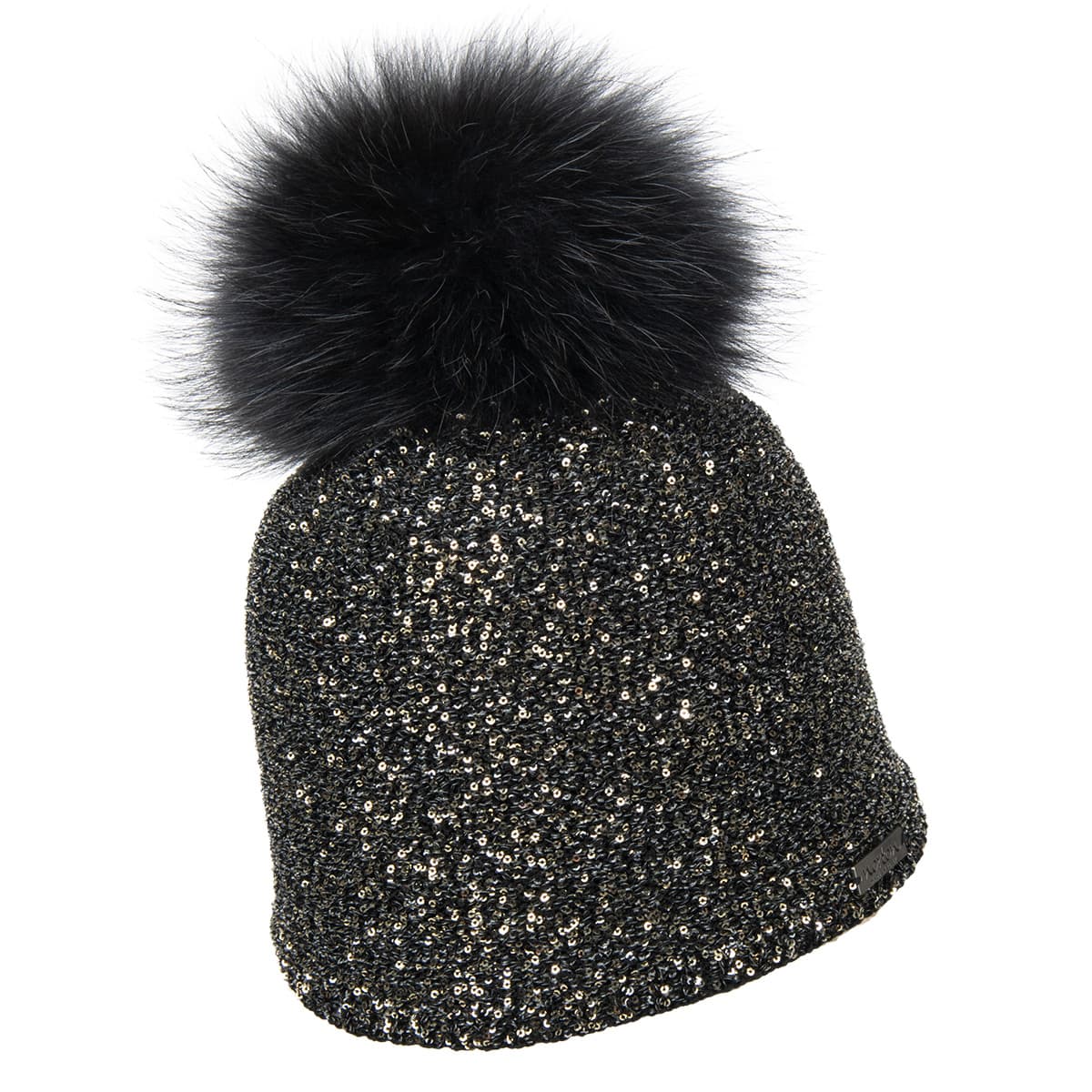 NORTON | Bonnet femme en laine m�rinos avec pompon en fourrure v�ritable et fil � paillettes