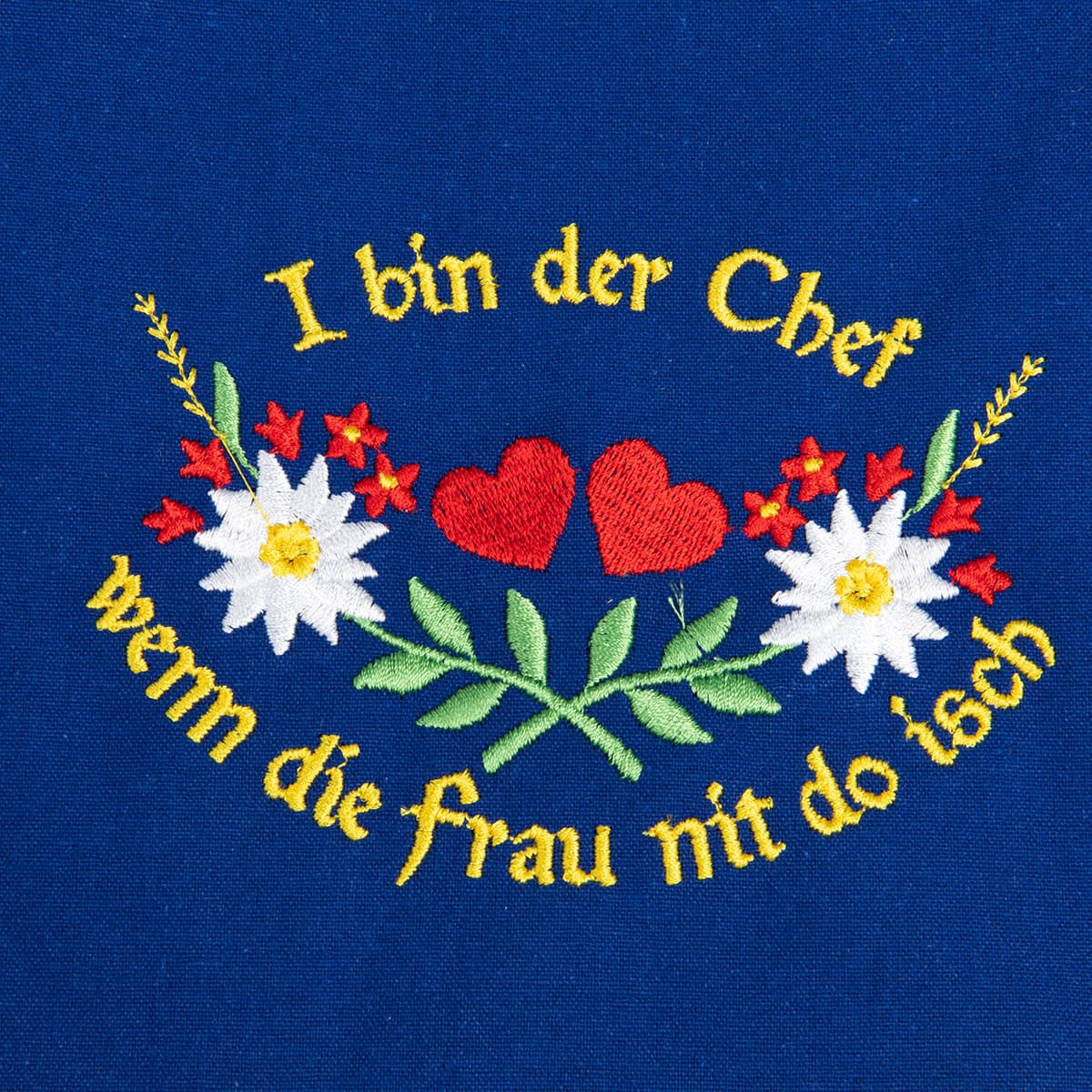 Tablier bleu avec motif : I bin der Chef wenn die Frau nit