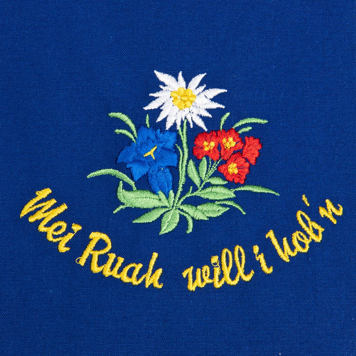 Tablier bleu avec motif : Mei Ruah will i hobn