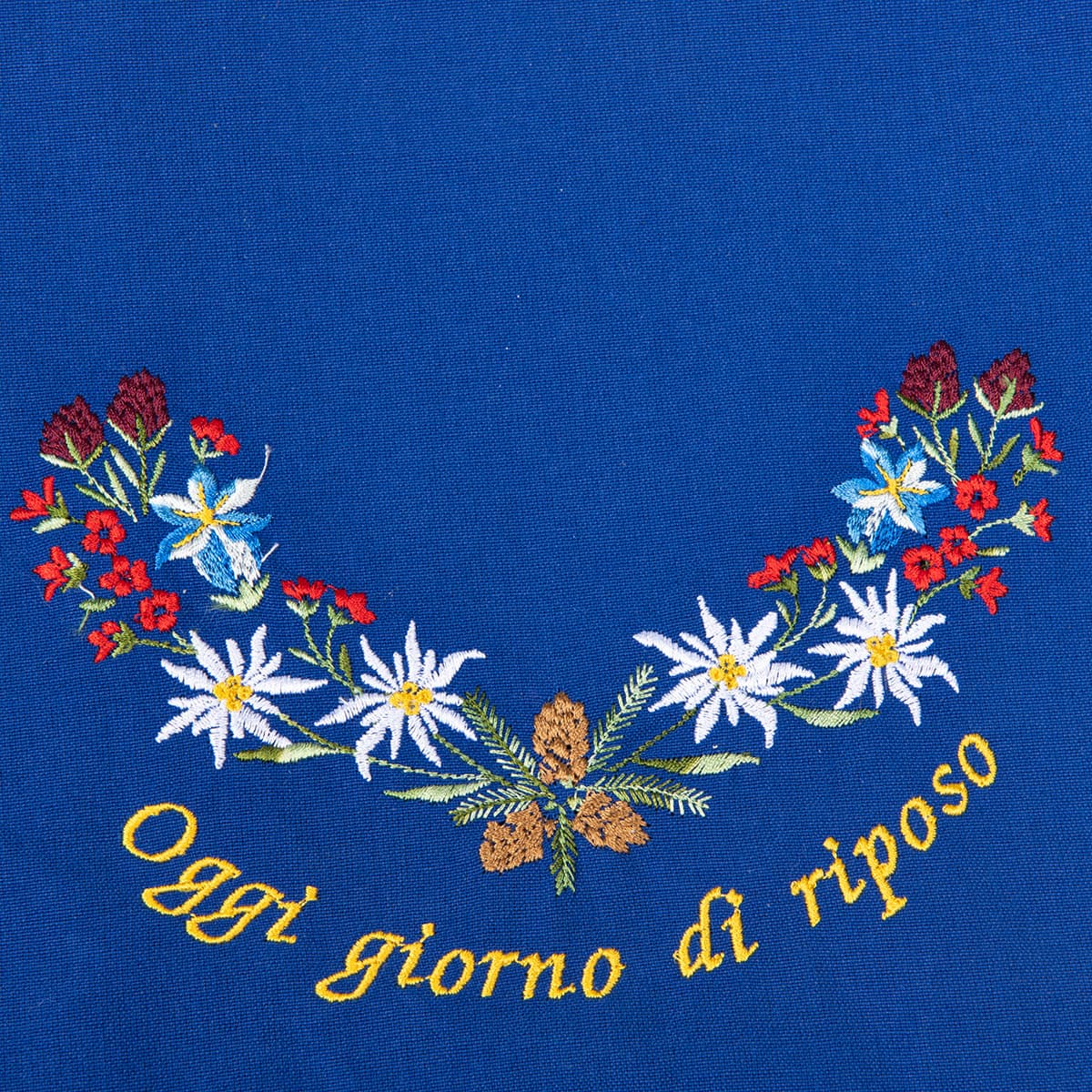 Tablier bleu avec motif N "Oggi giorno di riposo" (Aujourd'hui jour de repos)