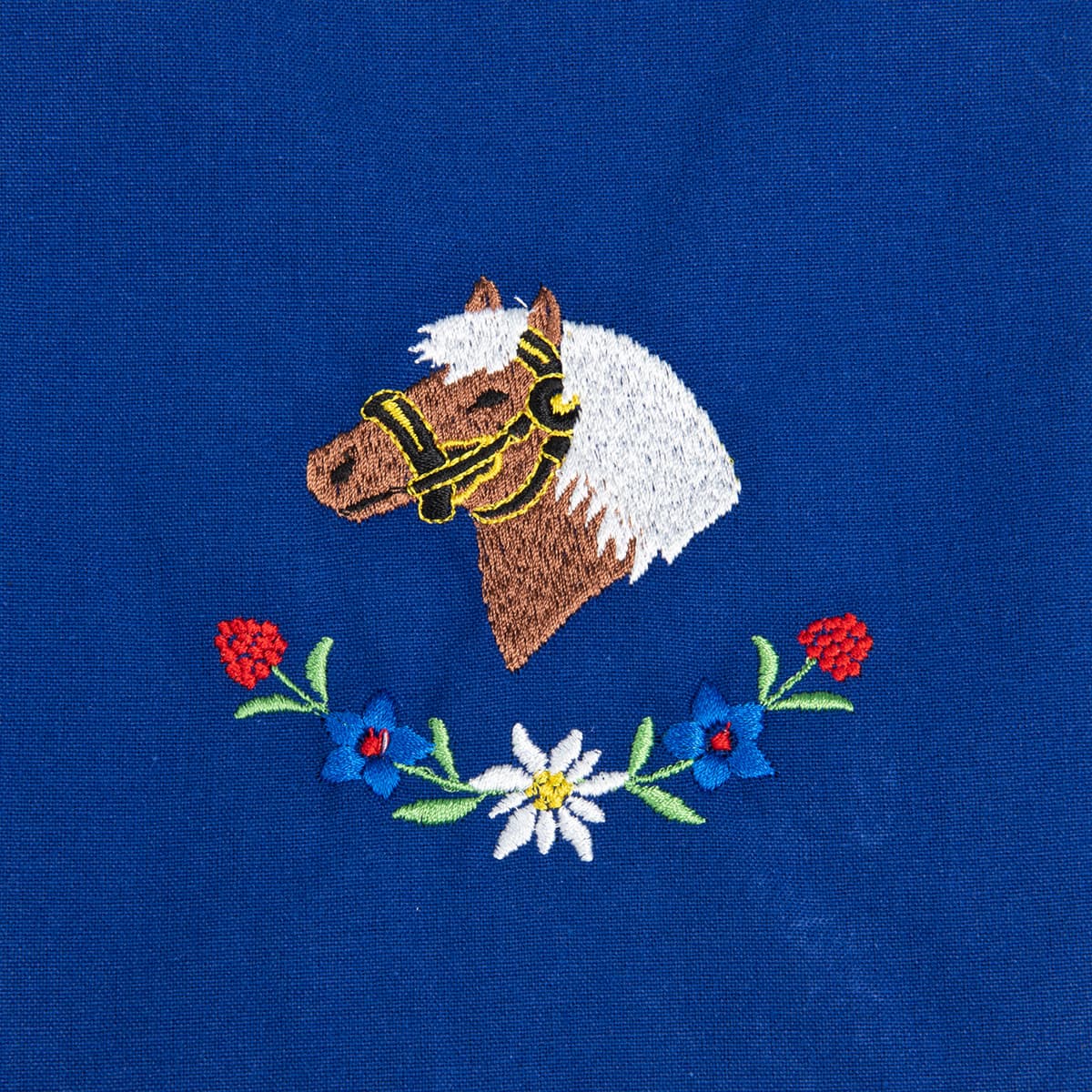 Tablier bleu avec motif : cheval avec fleurs