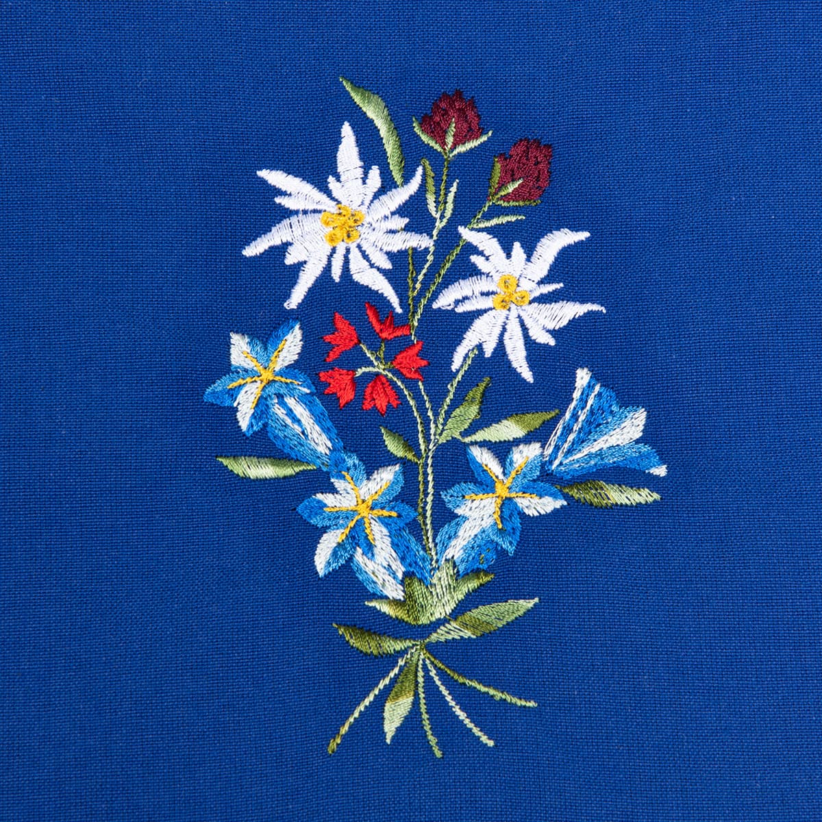 Tablier bleu avec motif "fleurs diff�rentes".