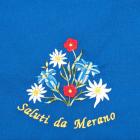 Tablier bleu avec motif "Saluti da Merano&quot ; bleu