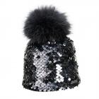 NORTON | Bonnet femme en laine m�rinos avec pompon en fourrure v�ritable et paillettes noir